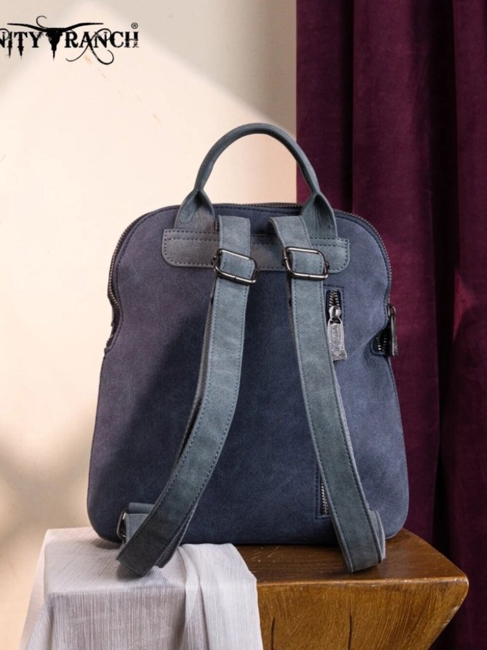 Trinity Ranch Aztec Tooled Fringe Concealed Carry Backpack Navy - Picture 4 of 5